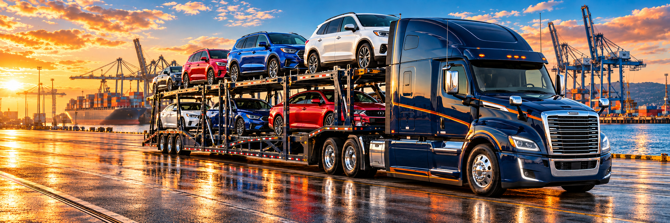 Navy car transporter carrying SUVs and sedans at a coastal shipping terminal